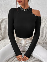Pearls Beaded Cut Out Mock Neck Tee